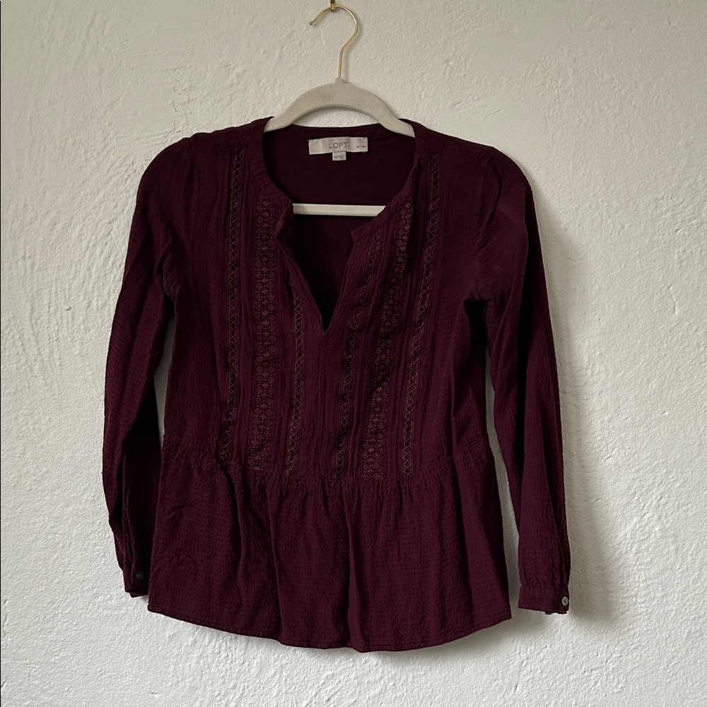 LOFT Plum Long Sleeve Lace-Trim Peplum Tunic